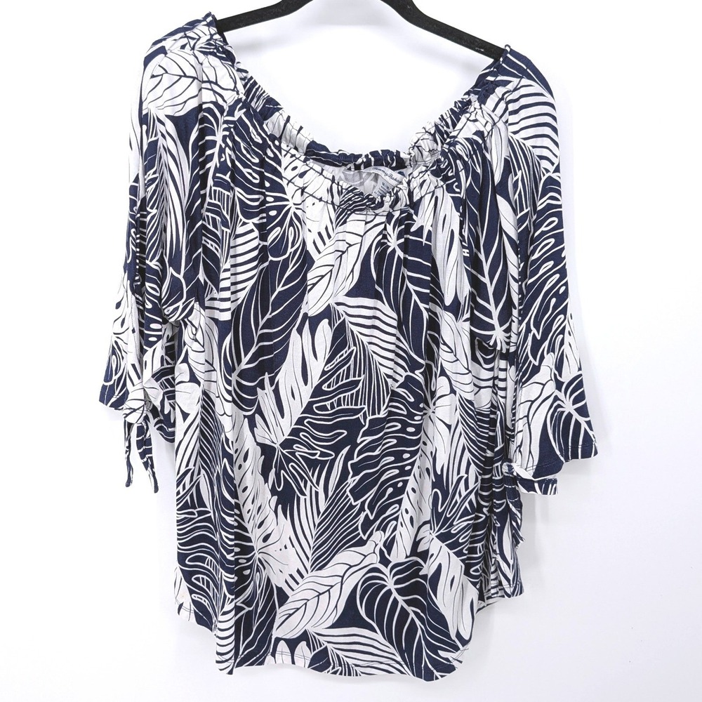Tommy Bahama Blouse Womens Medium Blue Tropical Leaf Off Shoulder Tie Sleeve Top